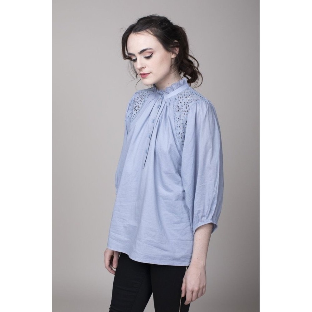 Apiece Apart Vera Ruffle Blouse Periwinkle Blue‎ Eyelet Embroidery Puff Sleeve 8